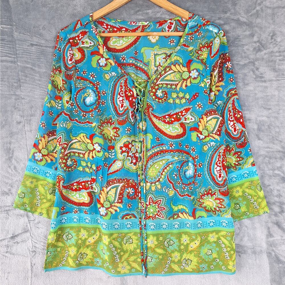 Womens Top Medium Boho Peasant Retro Hippie‎ Floral Paisley Sheer Gauze Festival